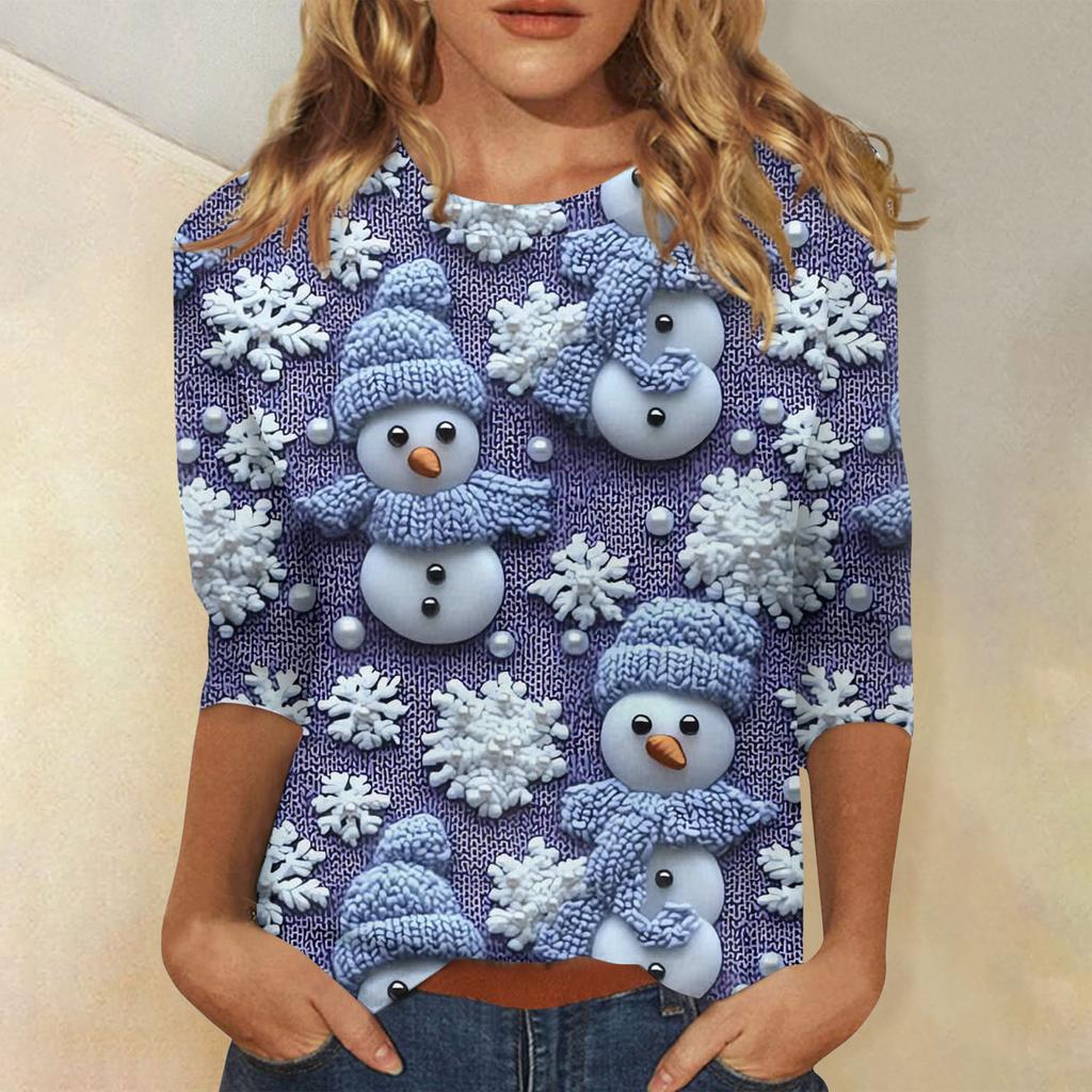 Women's Fashionable Casual Three-Quarter Sleeve Christmas Print Round Neck Top