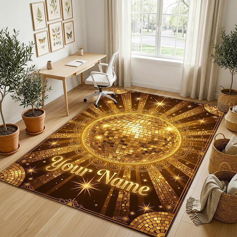 Golden Theme Soft Crystal Velvet Rug Custom Name & Text Print Non Slip Floor Rug for Bedroom Living Room