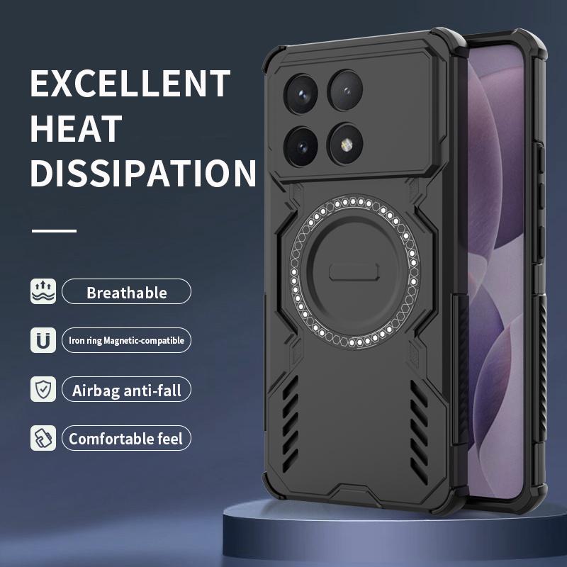 Для POCO F6 Pro Механический чехол с теплоотводом, четыре угла с воздушной подушкой, противоударный, мощный магнитный, без поддержки беспроводной зарядки