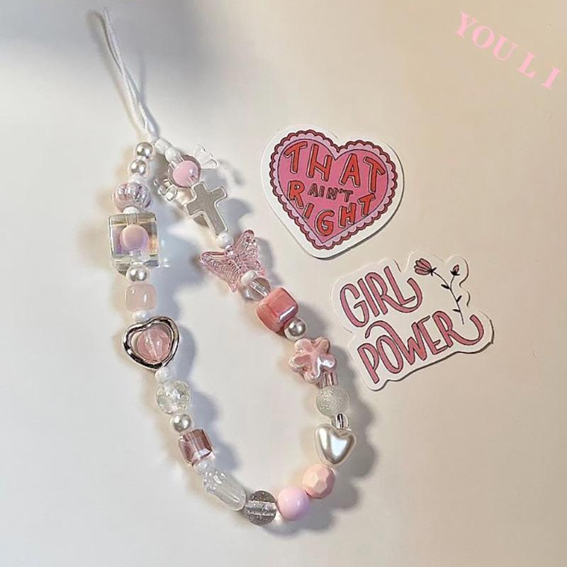 Korean Cute Charm Pink Butterfly Love Heart Phone Chain For Iphone Girl Women Jewelry Strap Beaded Lanyard Hanging Cord Bracelet