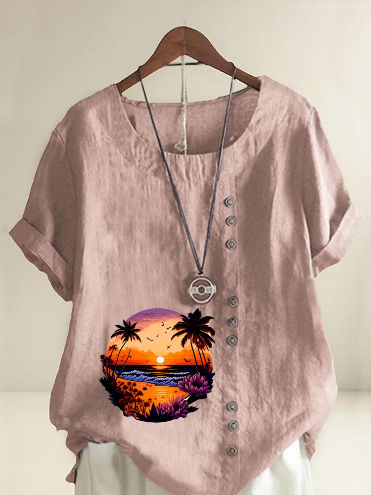 Women's Fashion Landscape Pattern Printing Shot Sleeve T-shirt Loose Cotton Shirt Casual Loose Summer Plus Size Blouse Tops