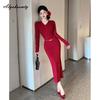 Korean Style Autumn Winter Women Knitting Dress V Neck Red Knitted Bodycon Dress With Belt Elegant Fashion Basic Ladies' Sweater Dress