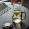 Стеклянная чайная чашка с деревянной ручкой из орехового дерева, 400 мл, с фильтром для заварки чая, цветок, разделение воды, ароматическая чайная кружка, посуда для напитков