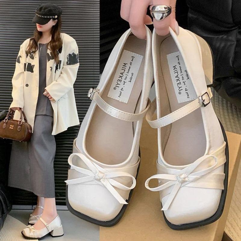 Весна и лето новые атласные туфли Мэри Джейн с квадратным носком и бантом на каблуке-подковке, одинарная обувь с ремешком