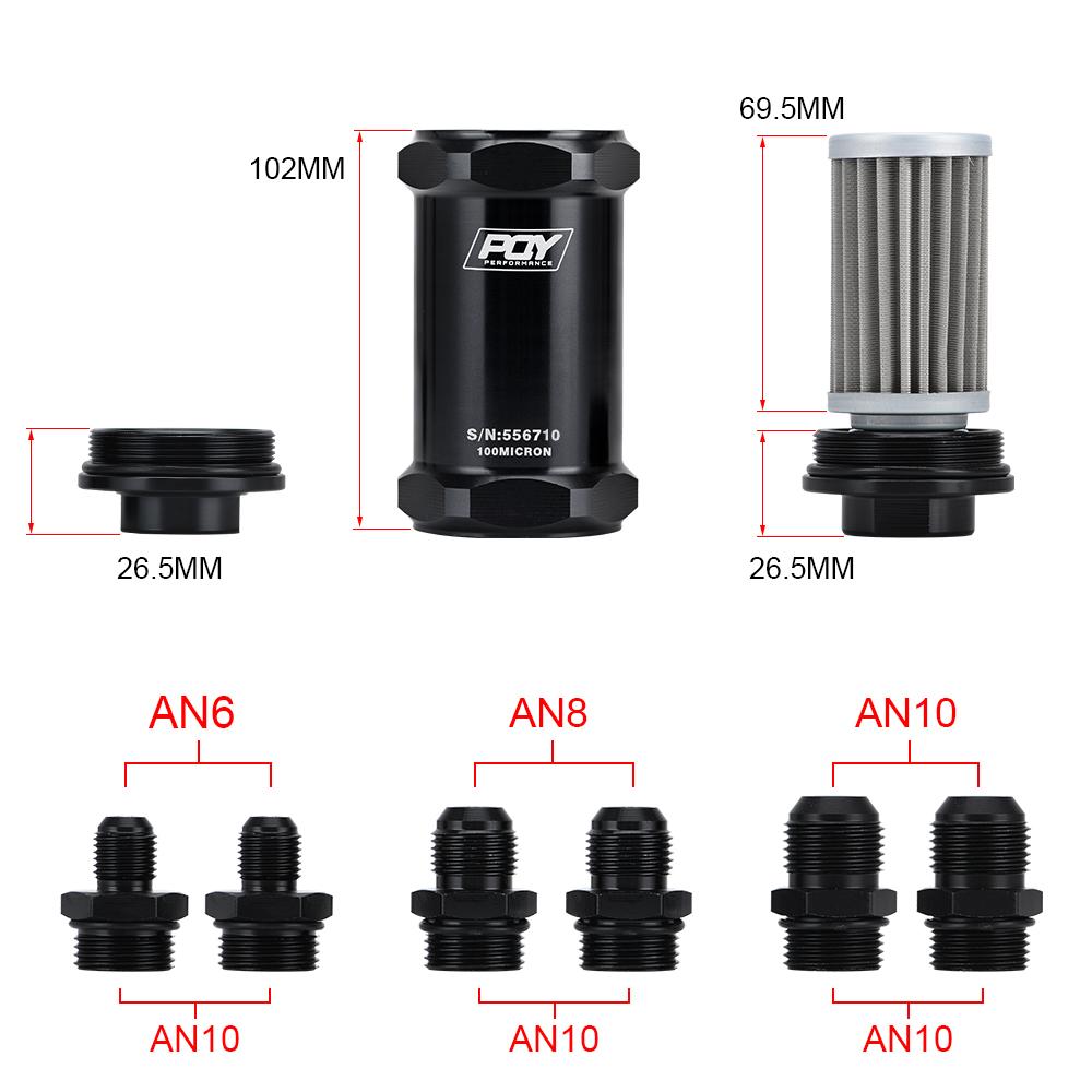 PQY BLACK AN6 / AN8 / AN10 Inline Fuel Filter E85 Ethanol With 100 Micron Stainless Steel Element and PQY Sticker