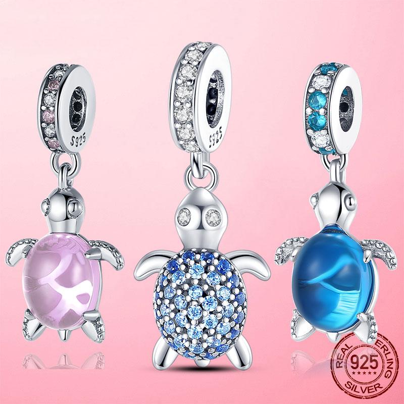 Summer New 925 Sterling Silver Blue CZ Sea Turtle Tortoise Charm Pendant Fit Fashion Bracelet Original DIY Charms Beads Jewelry