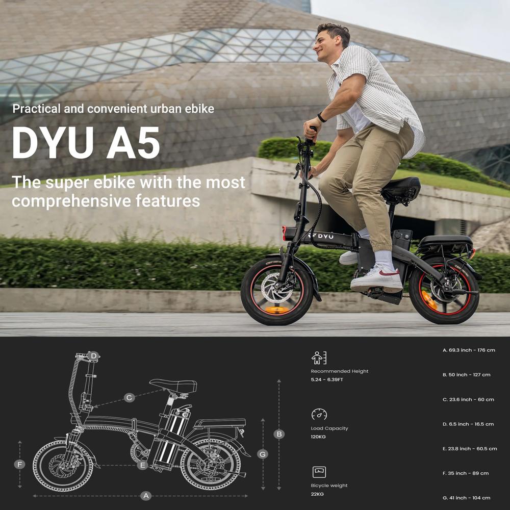 Электровелосипед складной DYU 14" Мотор 250 Вт Максимальная скорость 25 км/ч 48 В 7,8 Ач Максимальный запас хода 60 км Черный A5