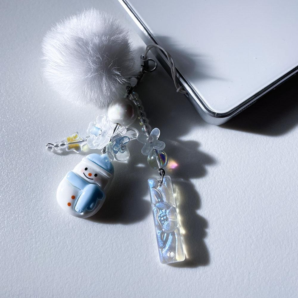 Cute Snowman Phone Charms Chain White Pom Pom Blue Flower Bead Winter Pendant Fairy Core Keychain for Schoolbag Camera Xmas Gift