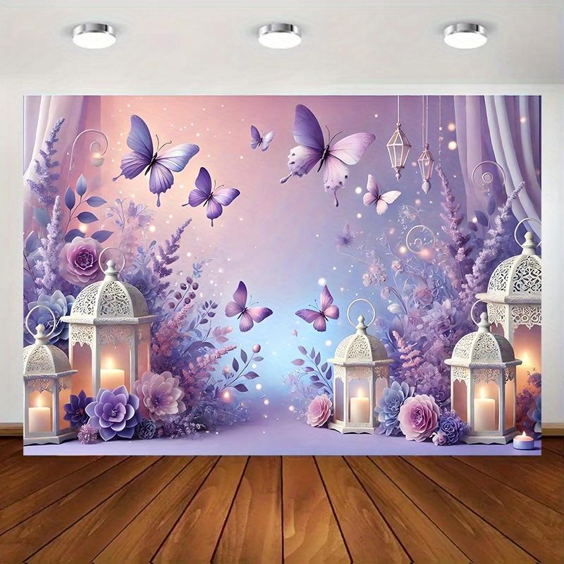 1 piece, 2D Flat - Magic Purple Garden Backdrop (Butterfly and Lantern Pattern) - Suitable for parties, birthdays, photography,