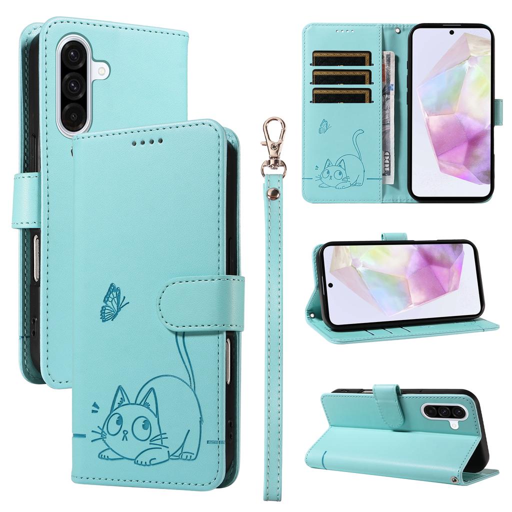For Samsung Galaxy A36 5G Case Cat Pattern Imprint Leather Phone Cover with Wrist Strap