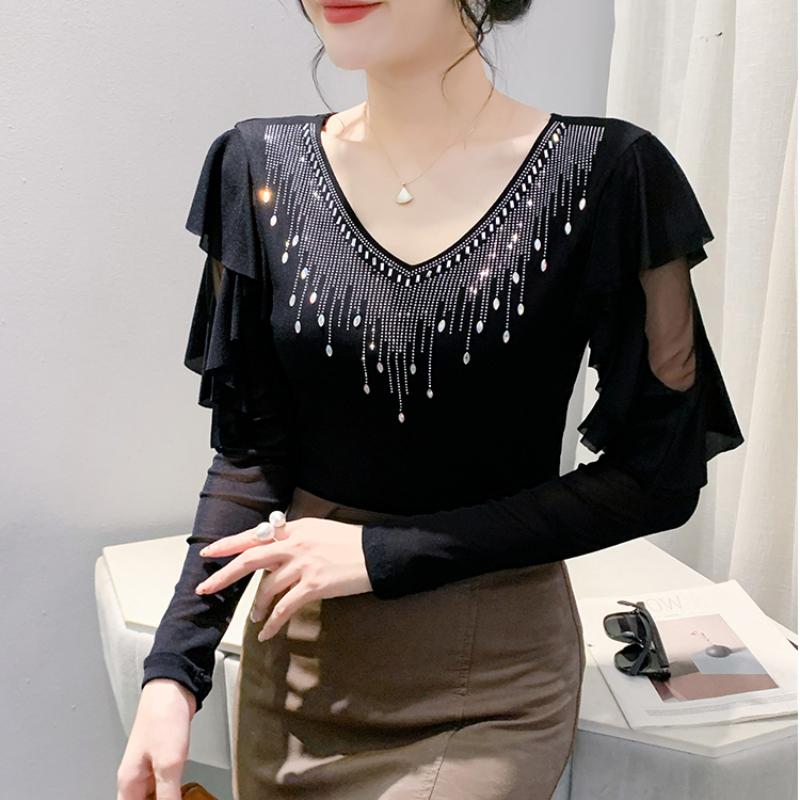 High Quality Spring Autumn Women Blue Black Mesh Inlaid Diamonds Ruffles TShirt Fashion Long Sleeve Slim Tops Sexy V-neck Casual Tees