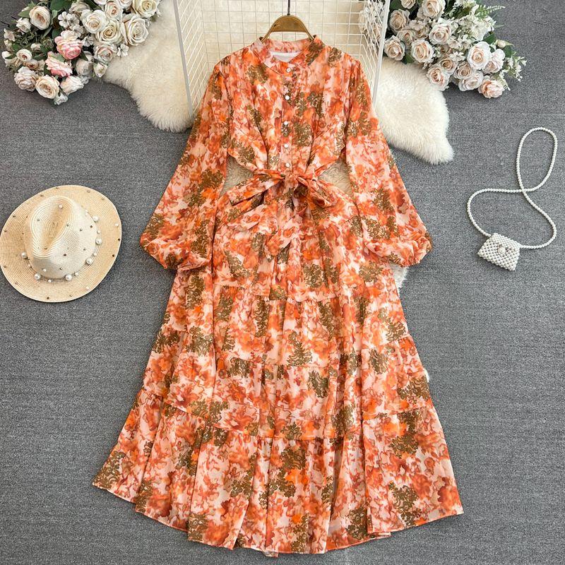 Long Sleeves Stand Collar A- Line Elegance Wide Hem Printed Dress