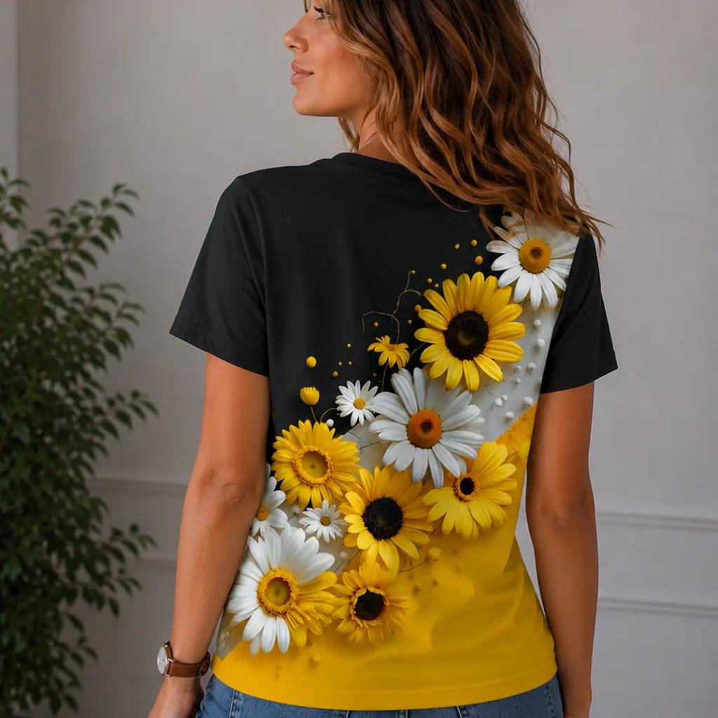 Ladies 3D Graphic Print T‑Shirt O‑Neck Loose Fit Short Sleeve Tee Summer Casual Streetwear Women Tops