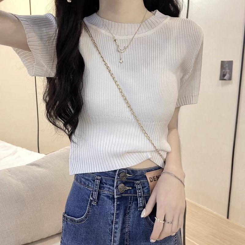 Women's Summer 2025 Stylish Ice Silk Slim Knit Short-Sleeve T-Shirt