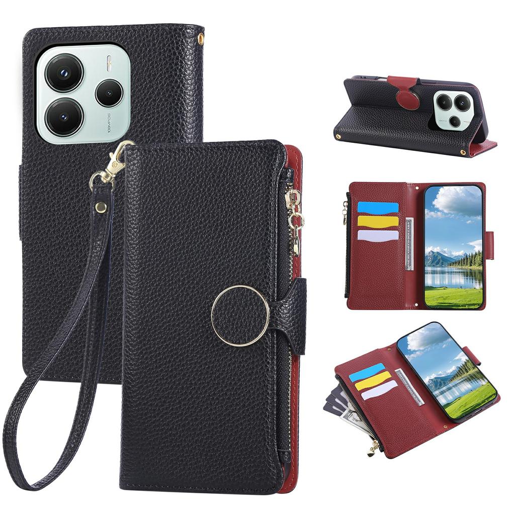 For Xiaomi Redmi Note 14 4G (163.25mm) Case Zipper Wallet Leather Phone Cover with Wrist Strap