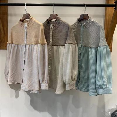 Весна Осень Клетчатая Рубашка Женская Универсальная Грибок Стоячий Воротник Кукла Повседневная Свободная Рубашка Женская