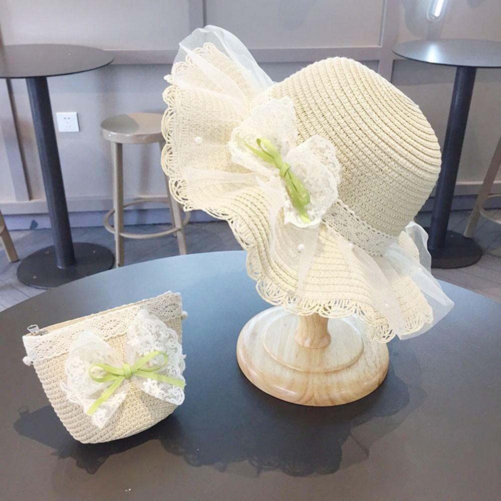 Straw Children Straw Hat Lace Beach Bucket Cap New Straw Shoulder Bag Baby Girls