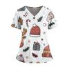 Women's Christmas Print V-Neck Double Pocket Short Sleeves Hem Slit Uniform And Caregiver Top