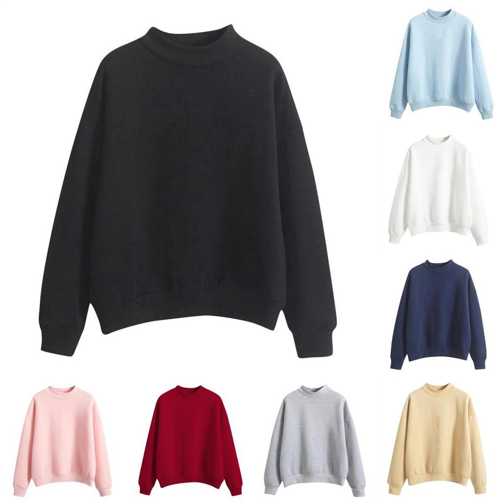 Cross-Border Solid Color Half-High Neck Sweatshirt – Custom Image Option Available
