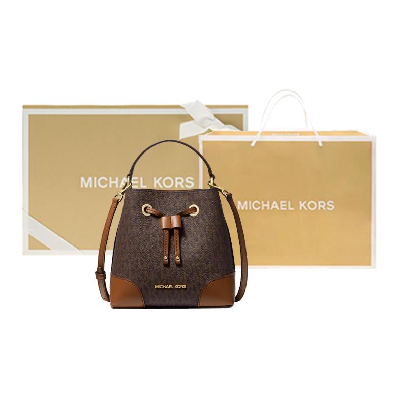 New MICHAEL KORS Mercer Coated Canvas Bucket Bags Shoulder Bag Crossbody Bag Small Size Women's Dark Brown & Light Brown 35F2GM9M1B-BROWN
