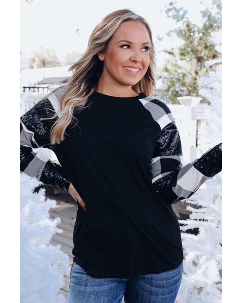 Azura Exchange Black Sequin Plaid Patchwork Raglan Sleeve Top