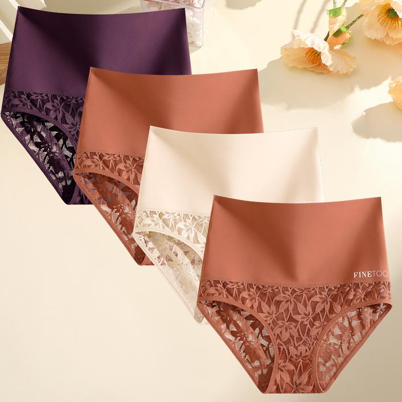 FINETOO 4Pcs Bodyshaper High Waist Lace Panties Women Underwear Soft Crotch Briefs Hollow Out Intimates Lingerie Ice Silk Briefs