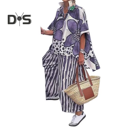 Женский комплект из двух предметов с цветочным принтом, свободный топ с коротким рукавом и широкими брюками, летний повседневный уличный стиль в стиле бохо