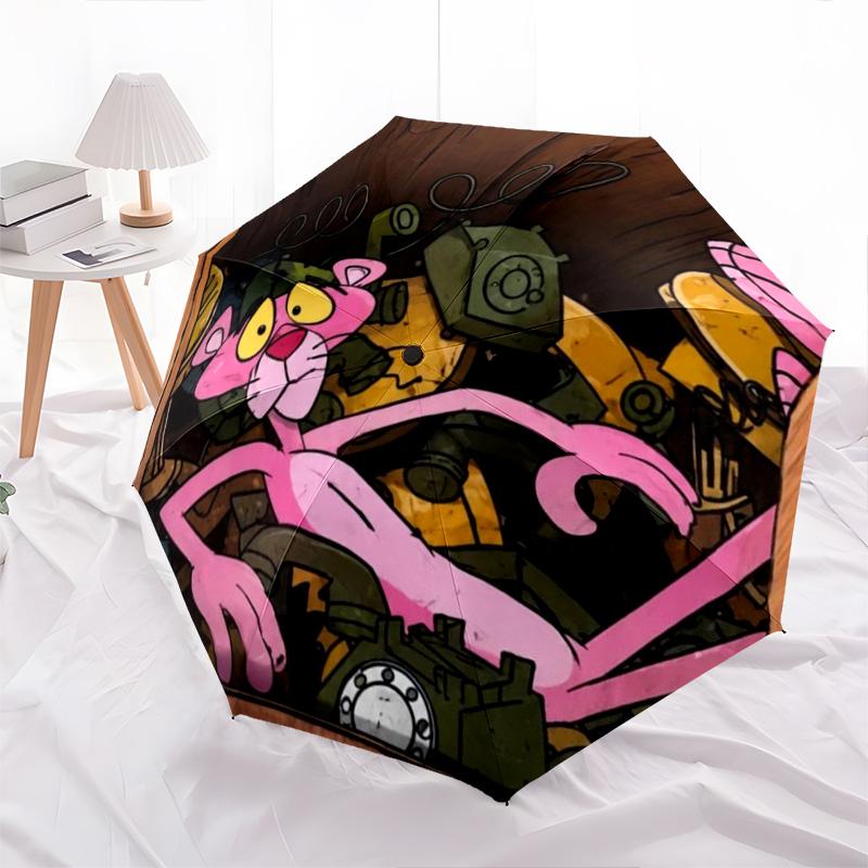 Pink Panther pattern, automatic folding umbrella, portable and foldable design, 8 ribs, a Christmas or birthday gift.