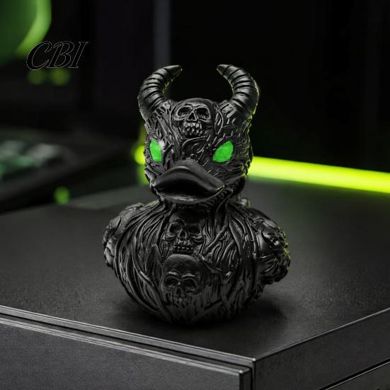 Hand Carved Resin Crafts Gothic Devil Skull Duck Ornament, Matte Black Figurine, Vines Relief Art Horror Green Eyes Decor Ornament for Halloween Party