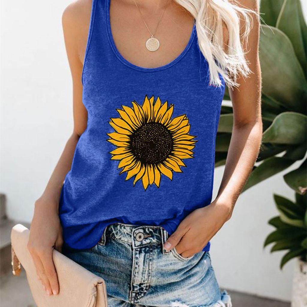 Women Plus Size Summer Sunflower Print Round Neck Sleeveless T-shirt Top Tank