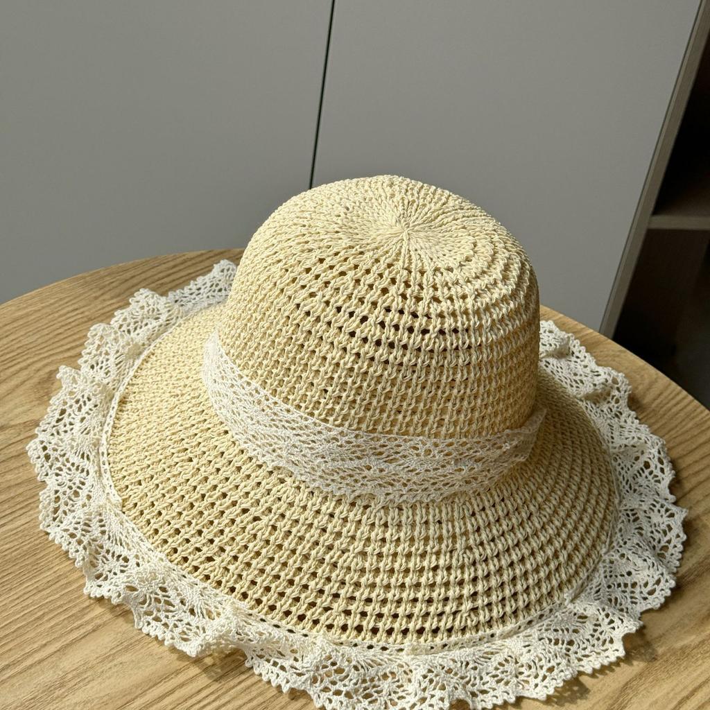 Шляпа из соломы с кружевом и ленточками, женская, весна-лето, дорожная, солнцезащитная, пляжная, пляжная, солнцезащитная шляпа, козырек от солнца