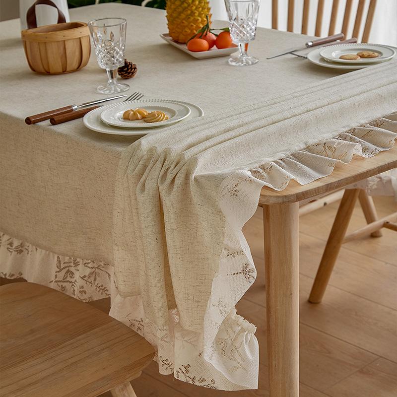 Solid Color Linen Ruffle Edge Tablecloth High-End Khaki Rectangular American Dining Table Mat Fringe Labeling