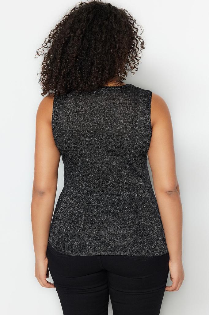 Женская стильная черная обтягивающая блестящая блузка больших размеров из тонкого трикотажа