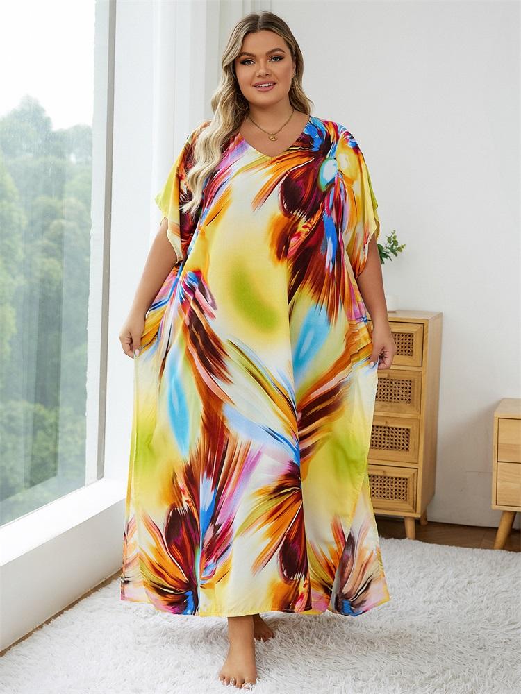 EDOLYNSA Yellow Fashion Kaftan Women's Loose Robe Fresh Dress Breathable Vacation Party Long Dress Swimsuit Cover-up Outfit Q1594