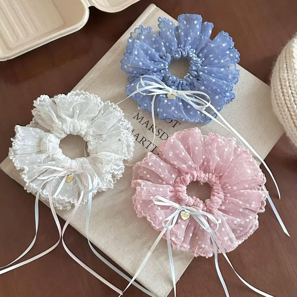 Bow Pleated Scrunchies Ribbon Oversized Hair Ropes Ins Polka Dot Scrunchies  Ponytail Holder