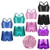 2Pcs Kids Girls Tankini Ballet Dance Gym Workout Outfit Straps Shiny Sequins Tank Top with Bottoms Set