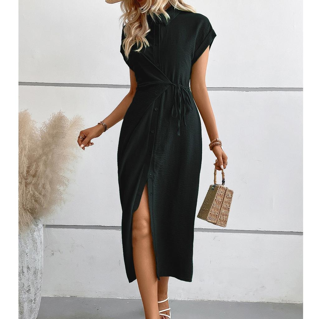 Женское свободное однотонное платье с высокой талией и короткими рукавами на пуговицах