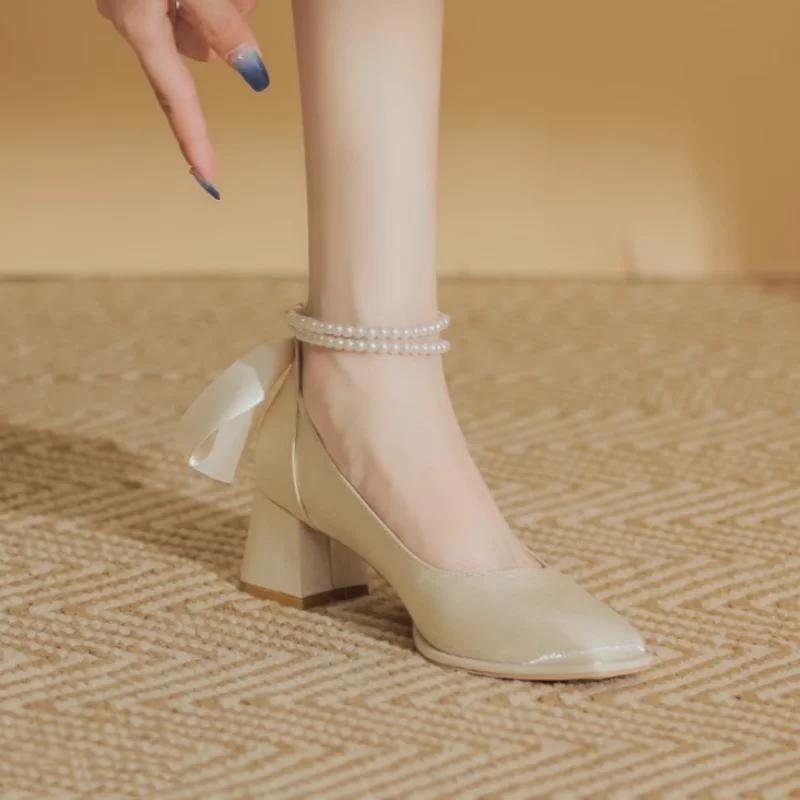 2024 Новые женские туфли Мэри Джейн на высоком каблуке, удобные туфли для вечеринки и свадьбы, белые, красные, с оборками и бантом, туфли-лодочки в стиле принцессы Лолиты, размер 35-40