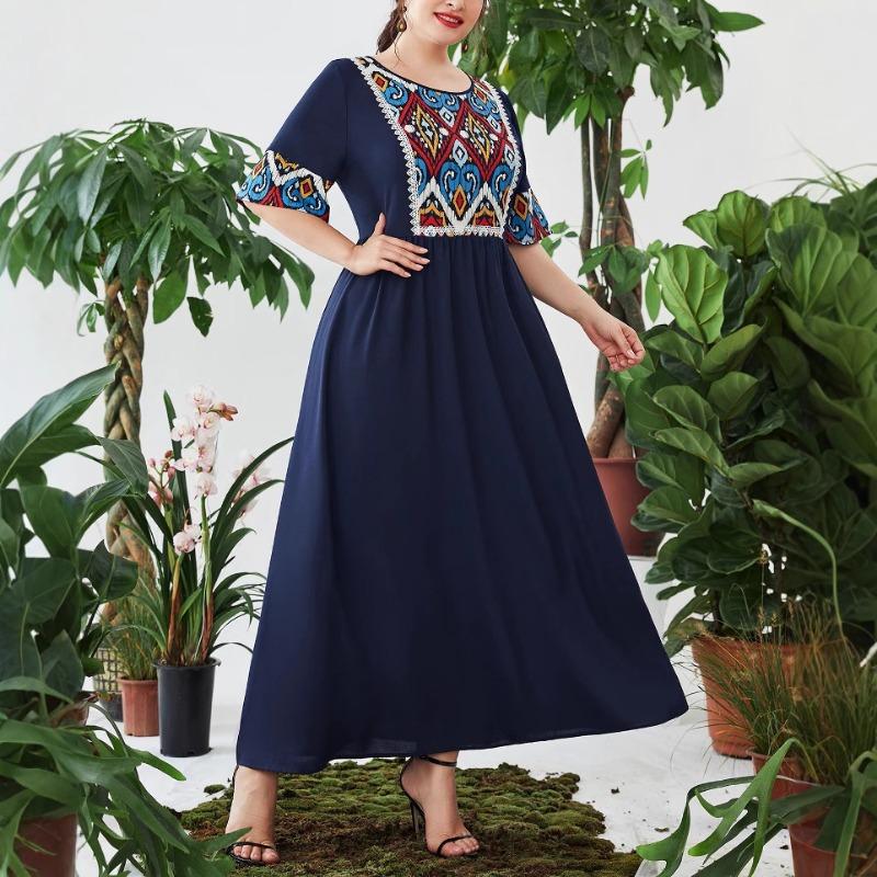 Plus Size Women's New Vintage Print Patchwork Elastic Waist Cover Belly Long Dress