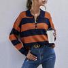 Early Autumn Striped Top, Women's Lapel and Color-blocking Long-sleeved Knitted Sweater