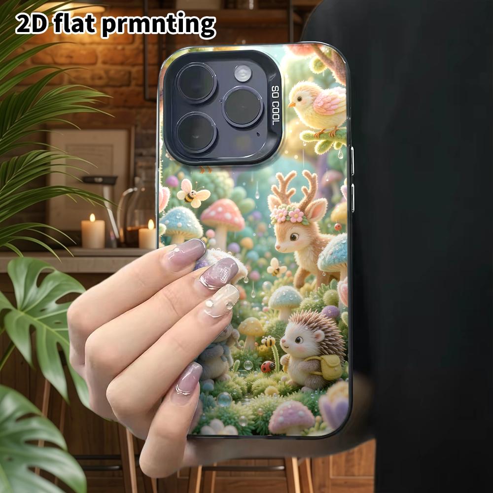 Phone Case: 2D flat, fits iPhone 18, 17, 16, 15, 14, 13, 12Pro protective case, little forest animals in the rain, perfect Christmas and Halloween hol