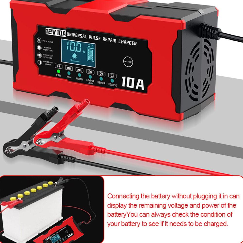 Интеллектуальное зарядное устройство для автомобильного аккумулятора 14,6 В 10 А, зарядное устройство для литиевых и железных аккумуляторов, импульсный ремонт, вилка ЕС/США, бесшумный вентилятор, цифровой ЖК-дисплей 12 В 10 А