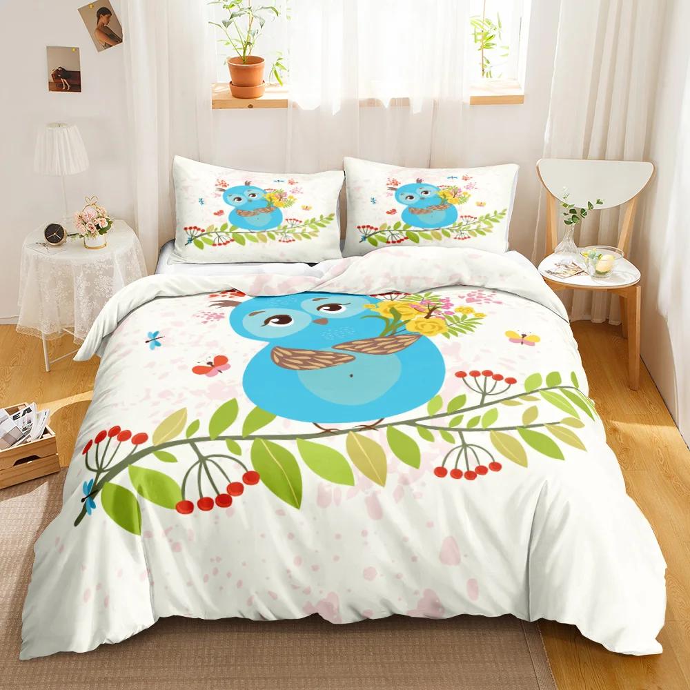Комплект пододеяльника с совой, мультяшный чехол для одеяла, тематический комплект постельного белья «С днем рождения», милая птица, полиэстеровый чехол для одеяла, полуторный размер для детей