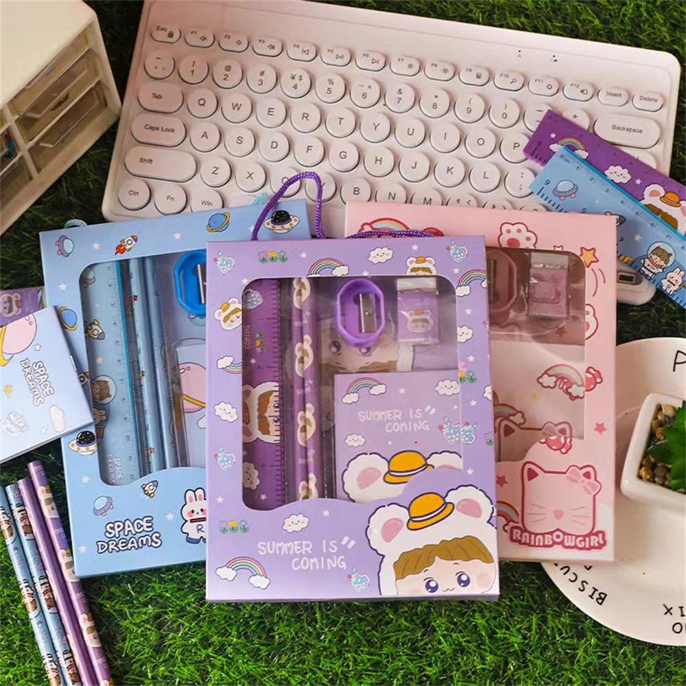 Portable 6-in-1 Stationery Set Cartoon Rabbit Bear Student Stationery Bag Pencil Eraser Sharpener Kindergarten School Supplies