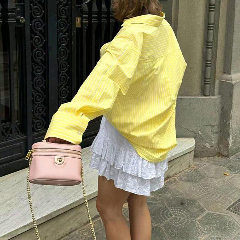 Женская повседневная рубашка весна Осень Воротник-поло желтая полоска пуговица Длинный рукав Блузка harajuku женский оверсайз Кардиган Рубашки