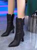 Модные кожаные элегантные туфли на каблуке до середины икры женские из полиуретана в наличии горячая новинка водонепроницаемые удобные полусапоги галсы для женщин