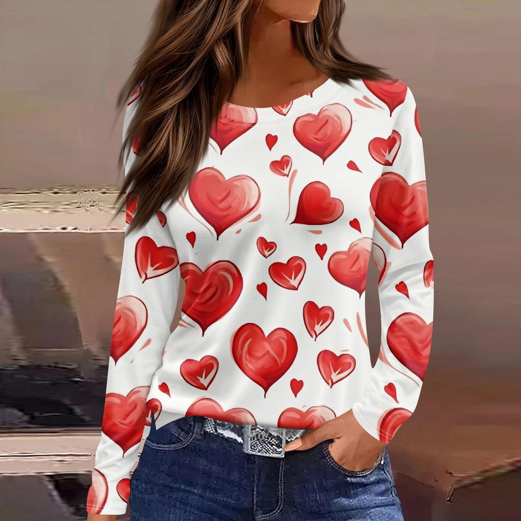 Женская модная повседневная футболка с разрезом и круглым вырезом, длинным рукавом, с принтом ко Дню святого Валентина, женская футболка
