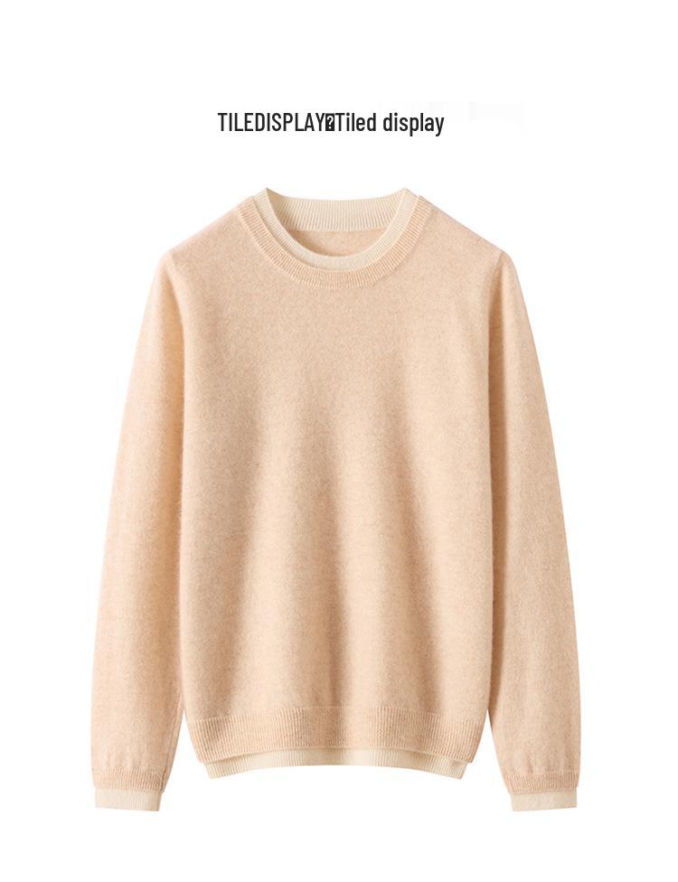 Women's Stylish Color-Block Cashmere Round-Neck Slimming Sweater - Versatile Two-Piece Look