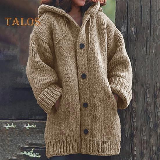 Женский свитер, пальто с капюшоном, завязками, длинными рукавами, однобортное вязаное пальто, однотонное, средней длины, вязаная верхняя одежда