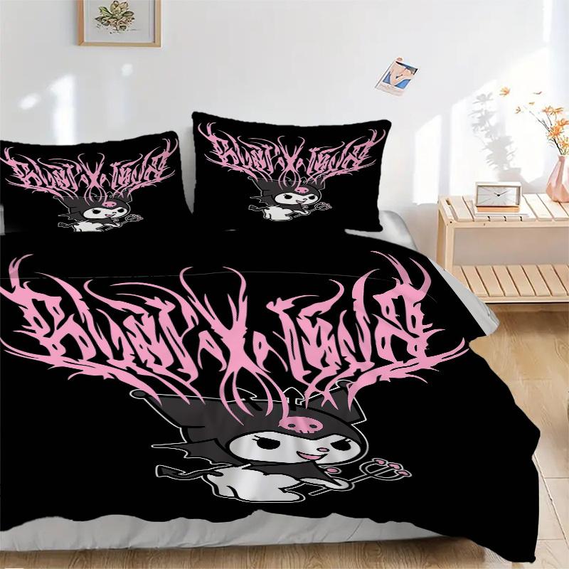 3pcs Cool Kuromi Printed Quilt Set - Includes 1 Quilt Cover and 2 Pillowcases, Machine Washable - Suitable for All Seasons.W020